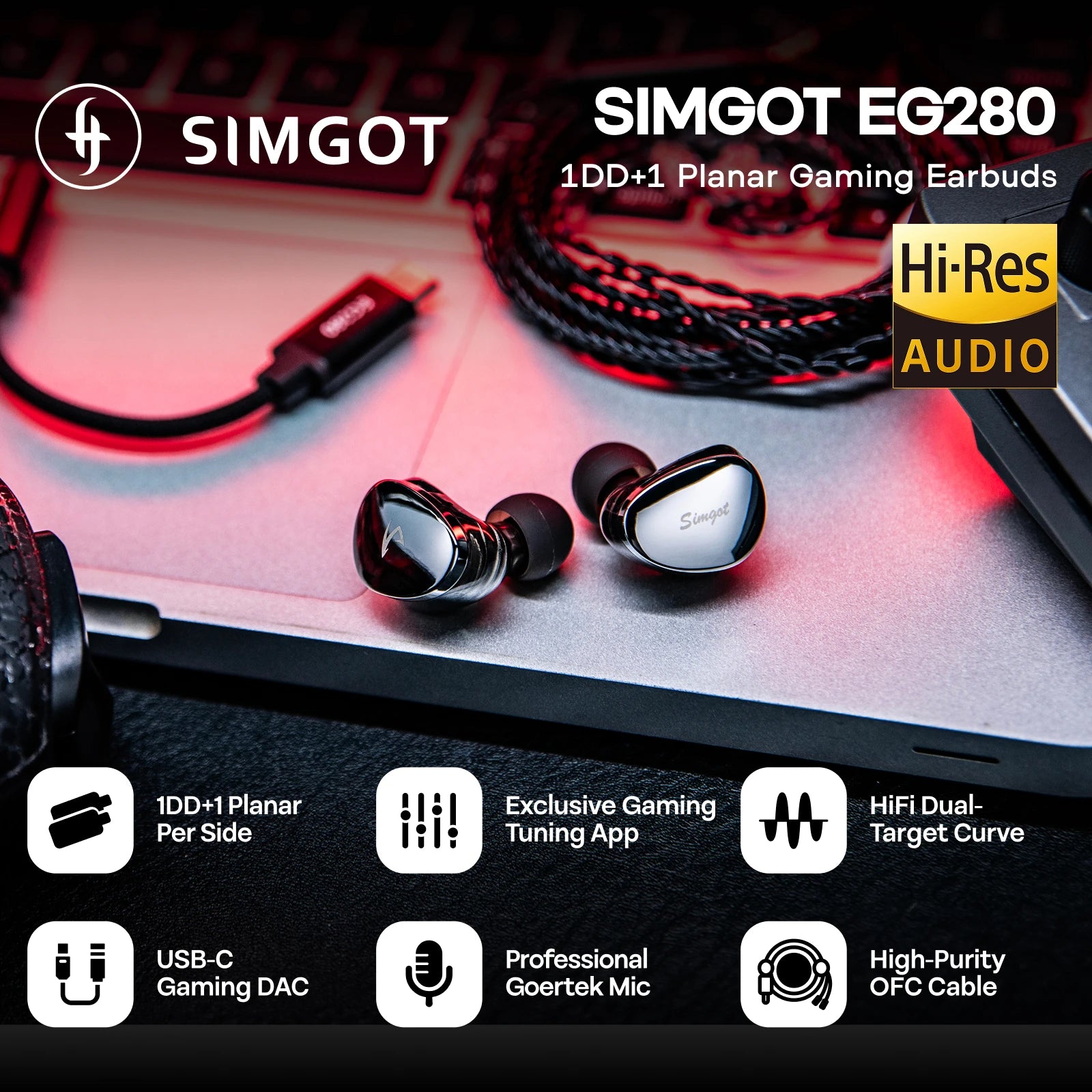 SIMGOT EG280 1DD+Planar Hybrid Gaming IEM
